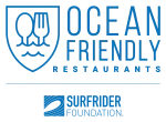 Ocean-friendly restaurant logo with wave crest and cutlery shield; includes Surfrider Foundation watermark.