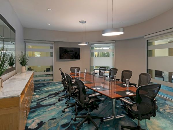 A modern conference room with a long wooden table, black swivel chairs, a wall-mounted TV, potted plants, and blue patterned carpet, bright and professional.